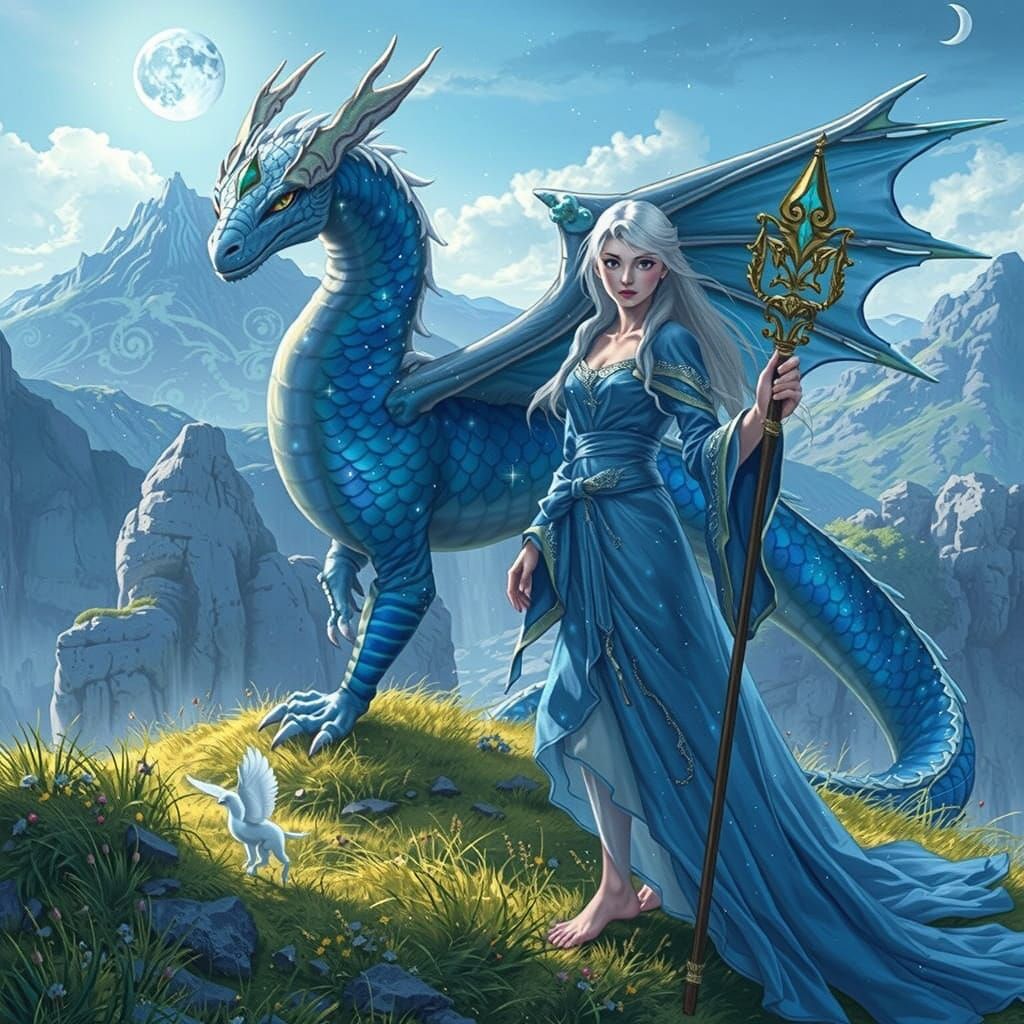 Iridescent Dragon with Girl in Anime Style