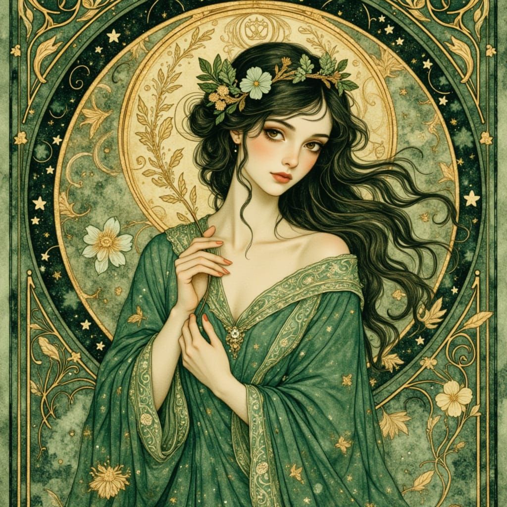 Art Nouveau Portrait in Rich Green Tones