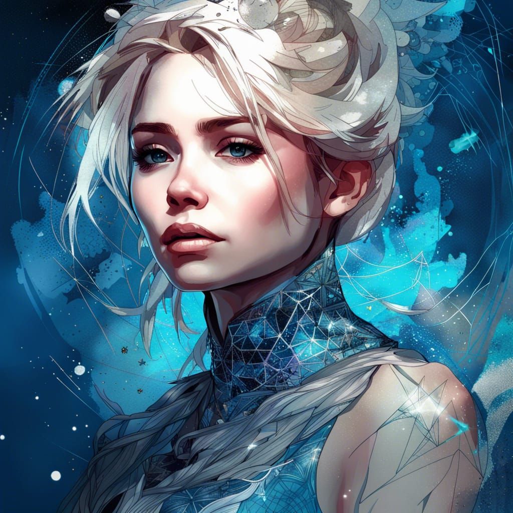 Gorgeous Queen Elsa Portrait with Blue Filigree