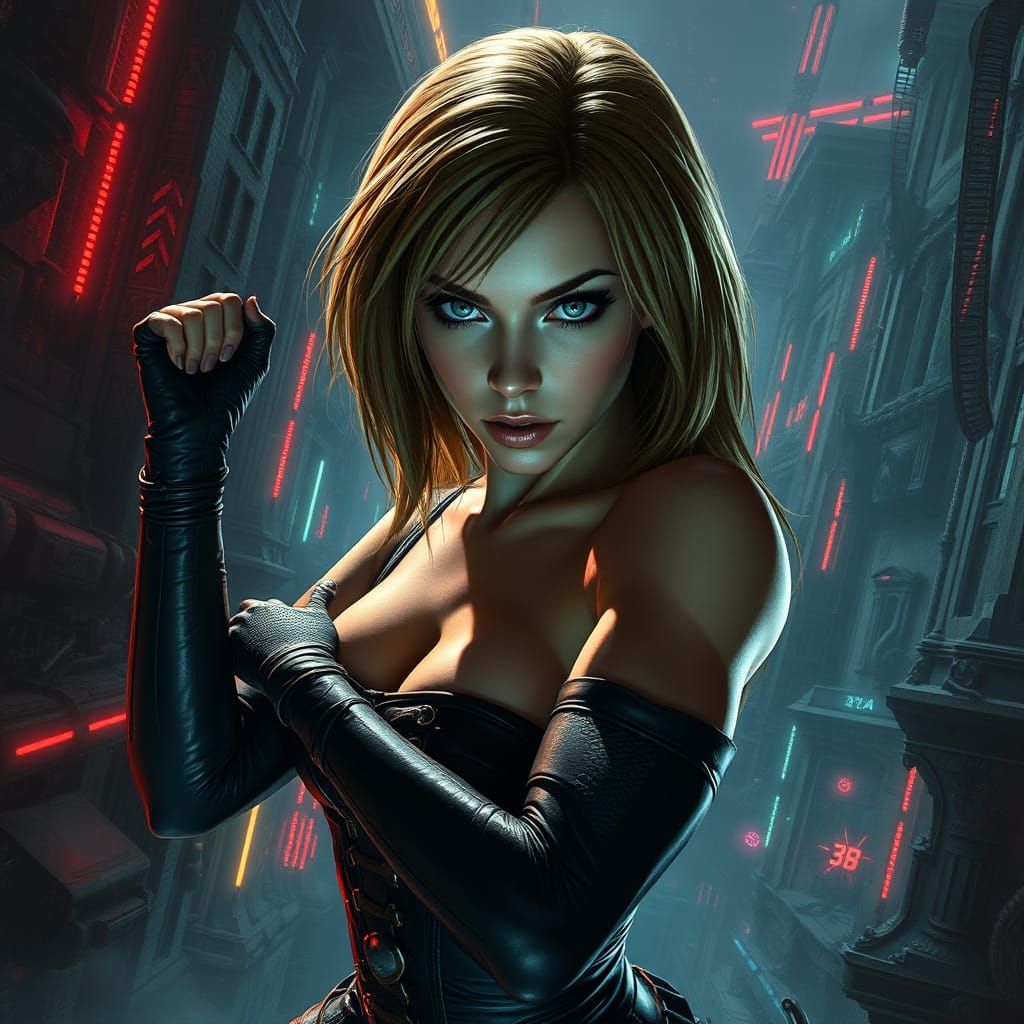 Cyberpunk Goddess in Dark Neon Landscape