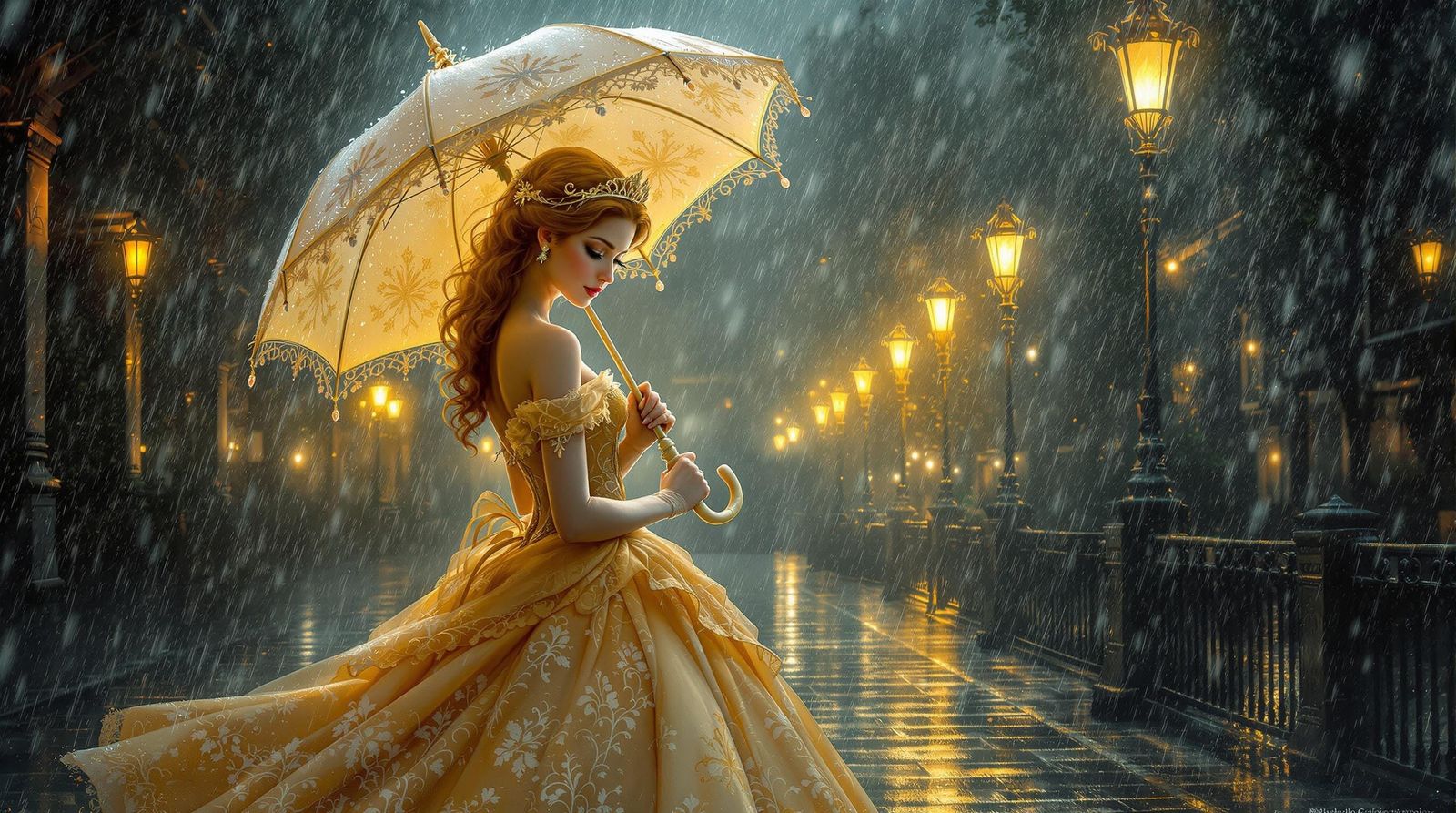 Gorgeous Princess in Cyberpunk Rainstorm Umbrella Scene