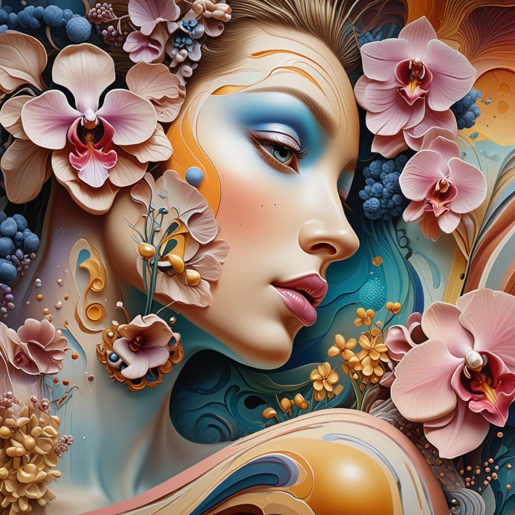 Girl with leaves and orchids