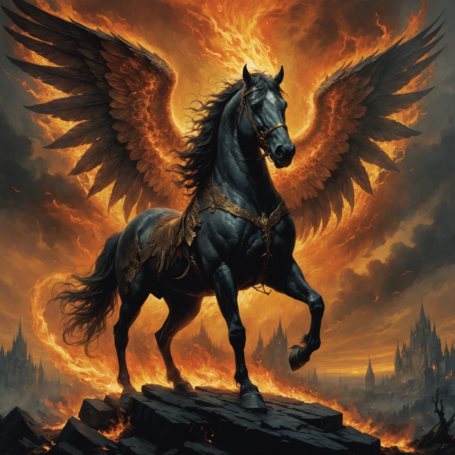 Fiery Winged Horse in Gothic Horror Style