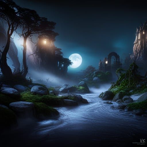 Mystical Forest with Strange Lights in Matte Painting