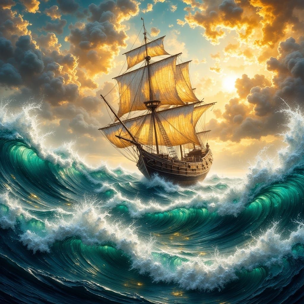 Majestic Wooden Ship Sails Through Turbulent Crystal Waters ...