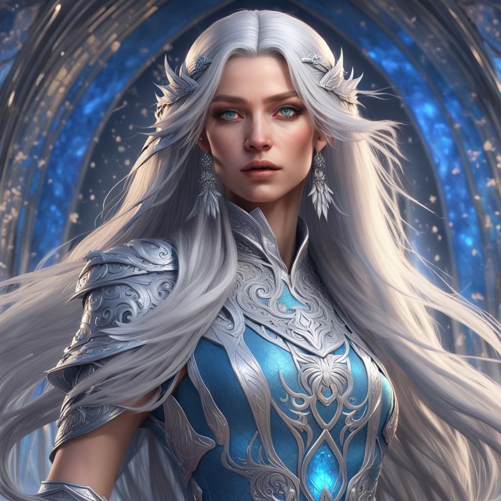 Silver Haired Woman in Fantasy Dress: Hyperdetailed Portrait