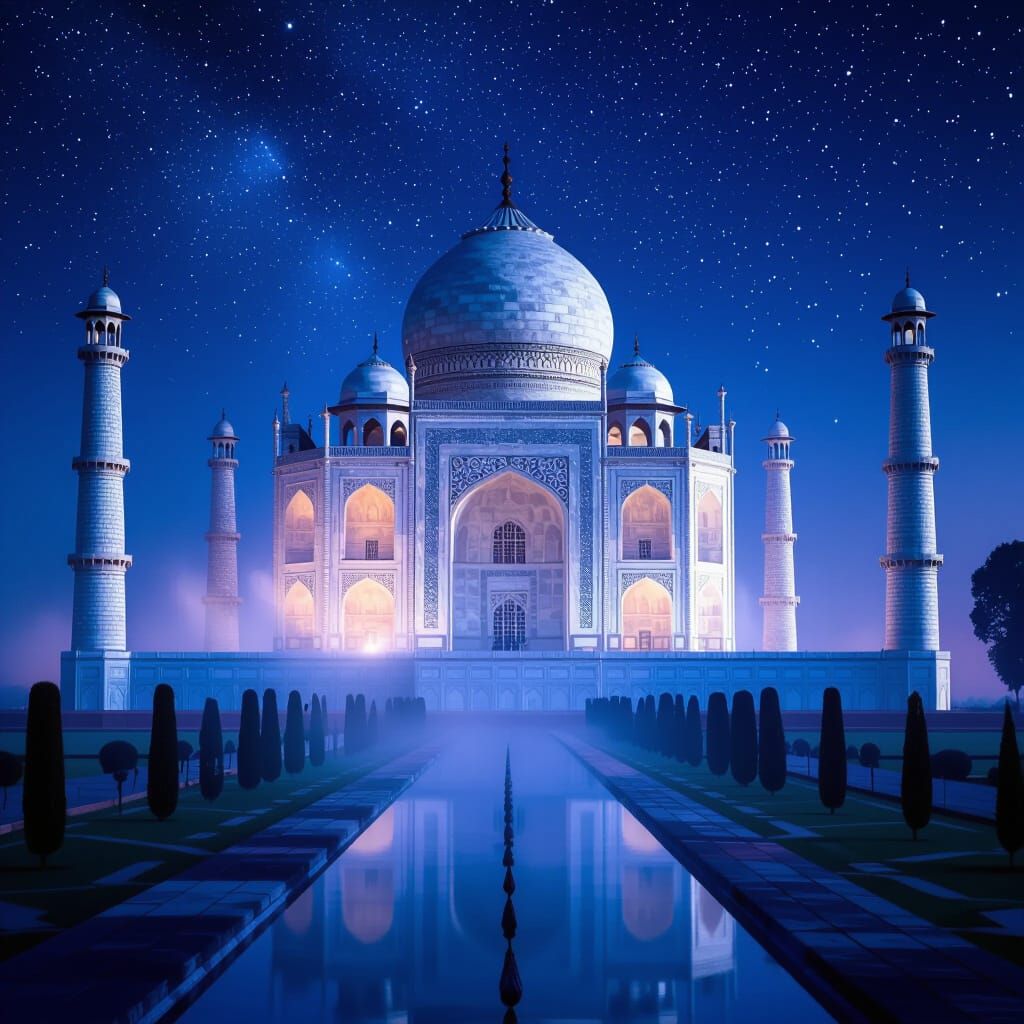 Taj Mahal at Night Under Starry Sky