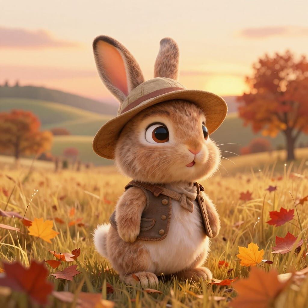 Cartoon Bunny in Golden Autumn Field with Sunset Sky