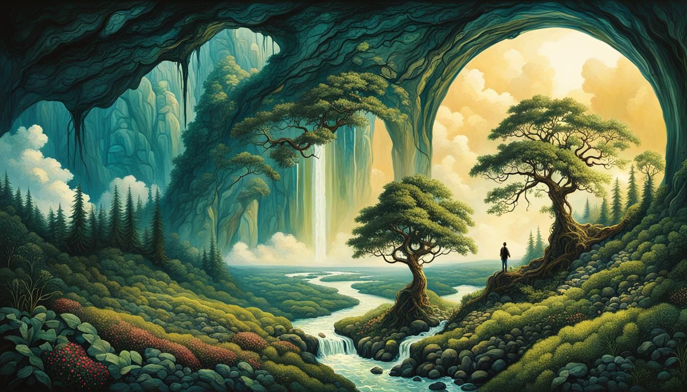 Enchanted Waterfall Portal to Lush Forest