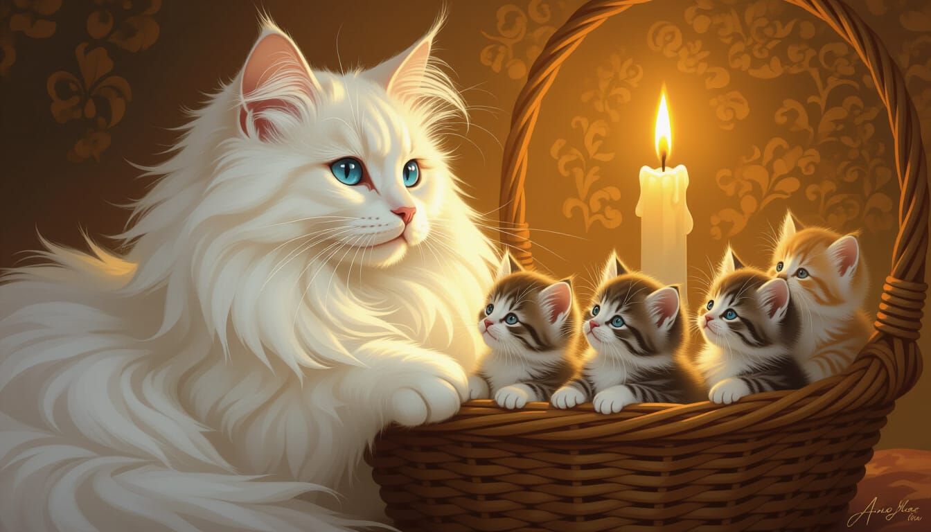 Majestic White Cat & Kittens in Golden Light