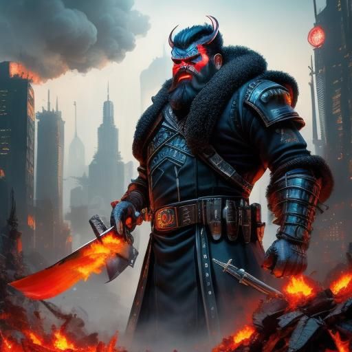 Colossal Kebab Vendor Roaring in Cyberpunk Cityscape