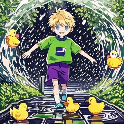 Happy Boy Splashes in Puddles with Rubber Duck in Linocut St...