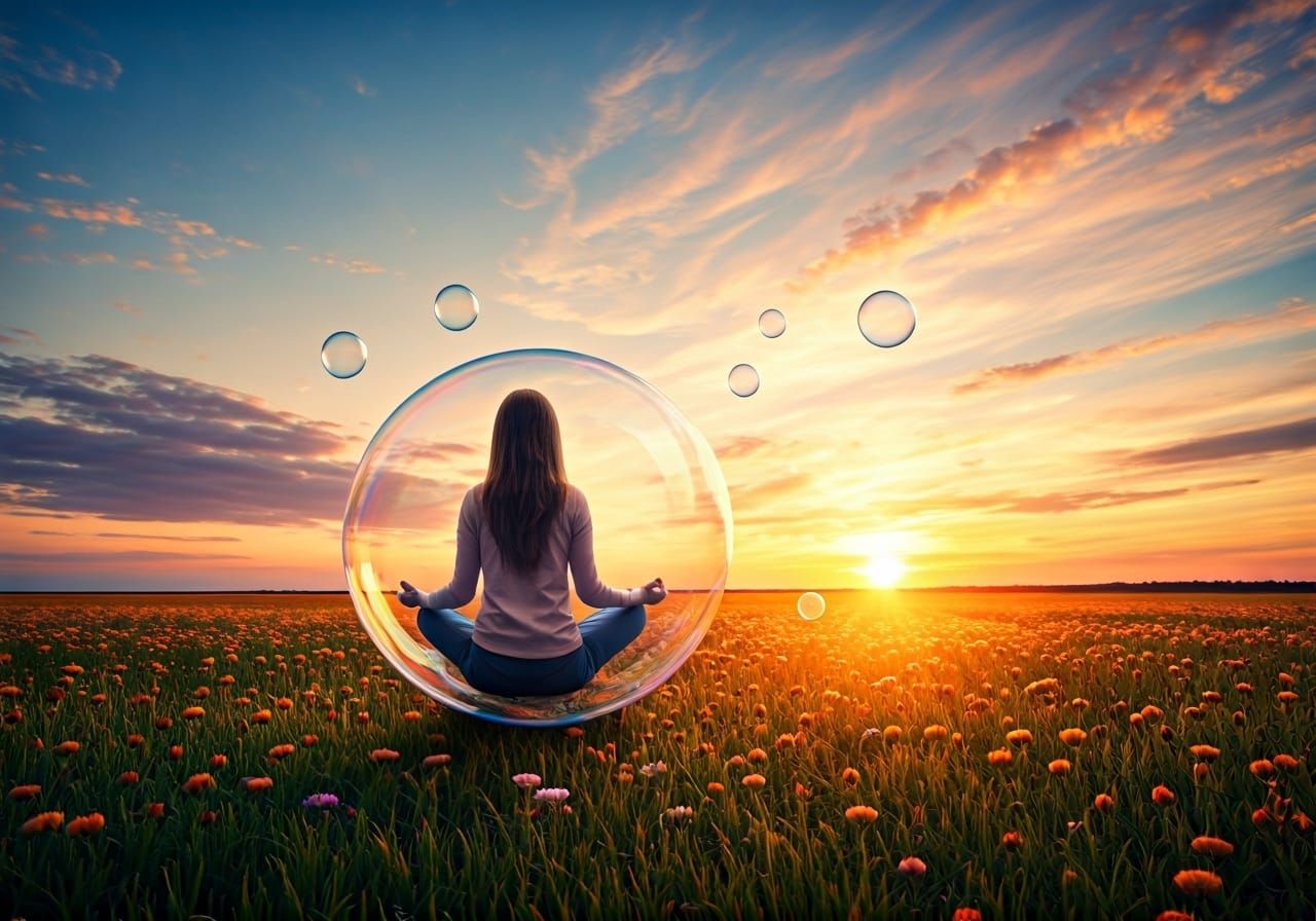 Woman in Bubble Above Wildflower Field at Sunset