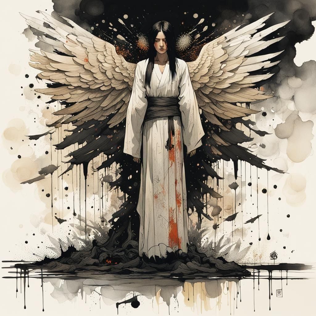 Dramatic Ink Angel in Watercolor Style