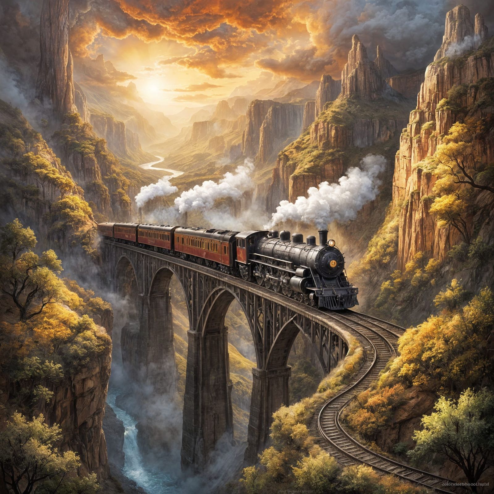 Colossal Steam Train in Golden Hour Mountain Landscape Paint...
