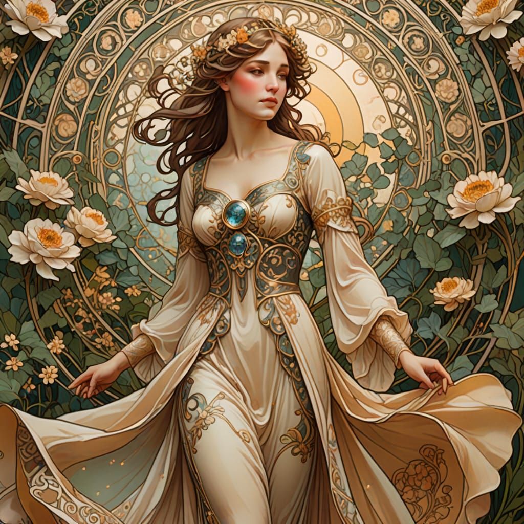 Elegant Art Nouveau Goddess Adorns Aries Zodiac Garden