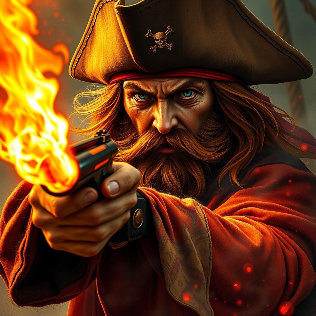 Pirate Captain Aims Flintlock Pistol on Burning Deck