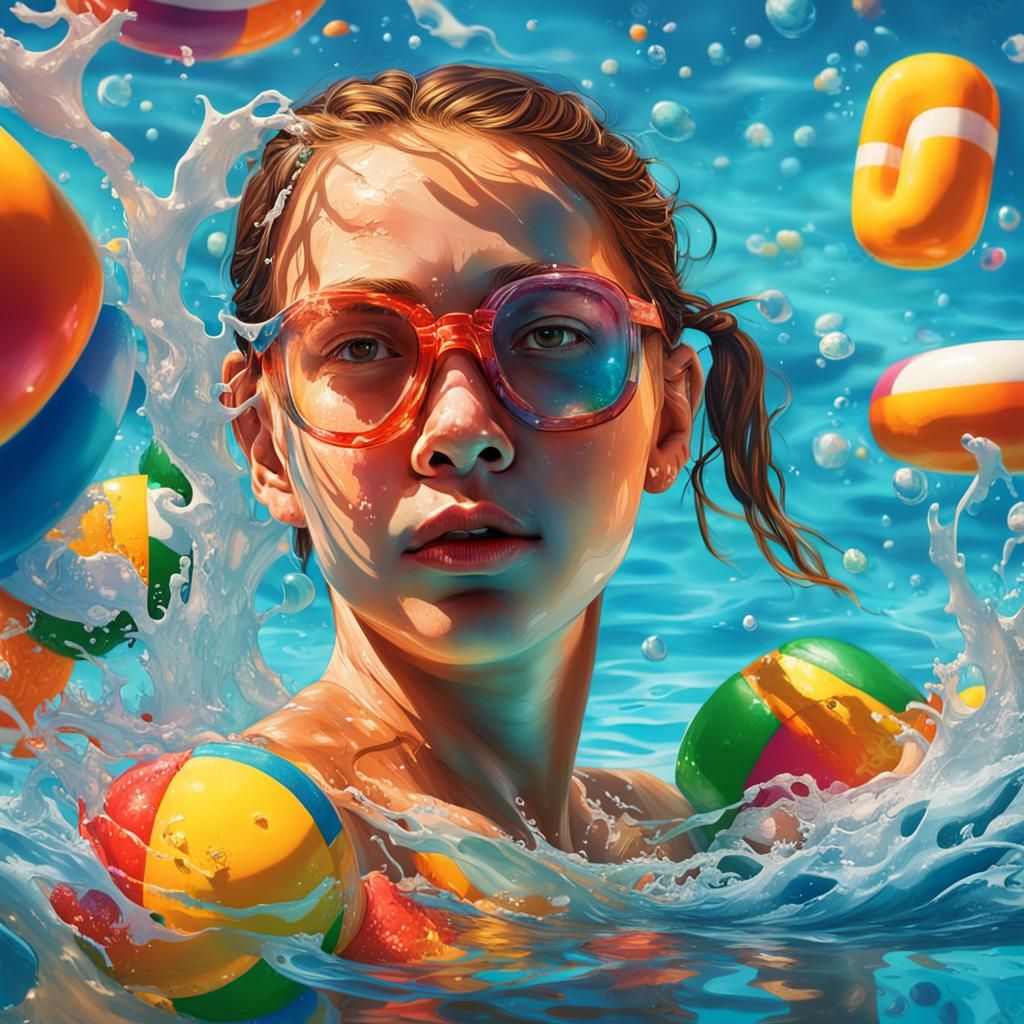 Hyperrealistic Girl Swimming on Summer Day