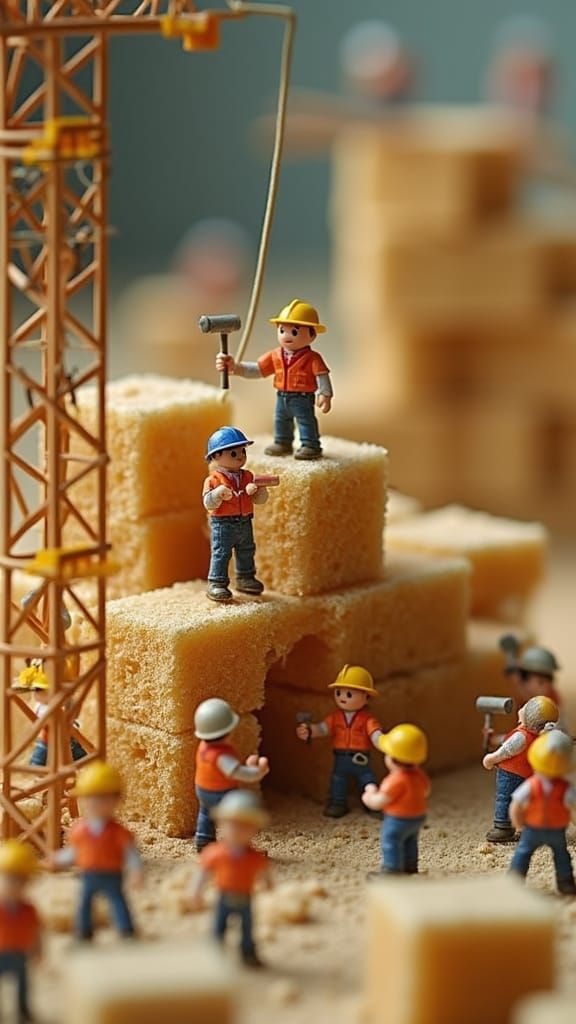 Miniature Construction Workers Build Sugar Cube Structure in...