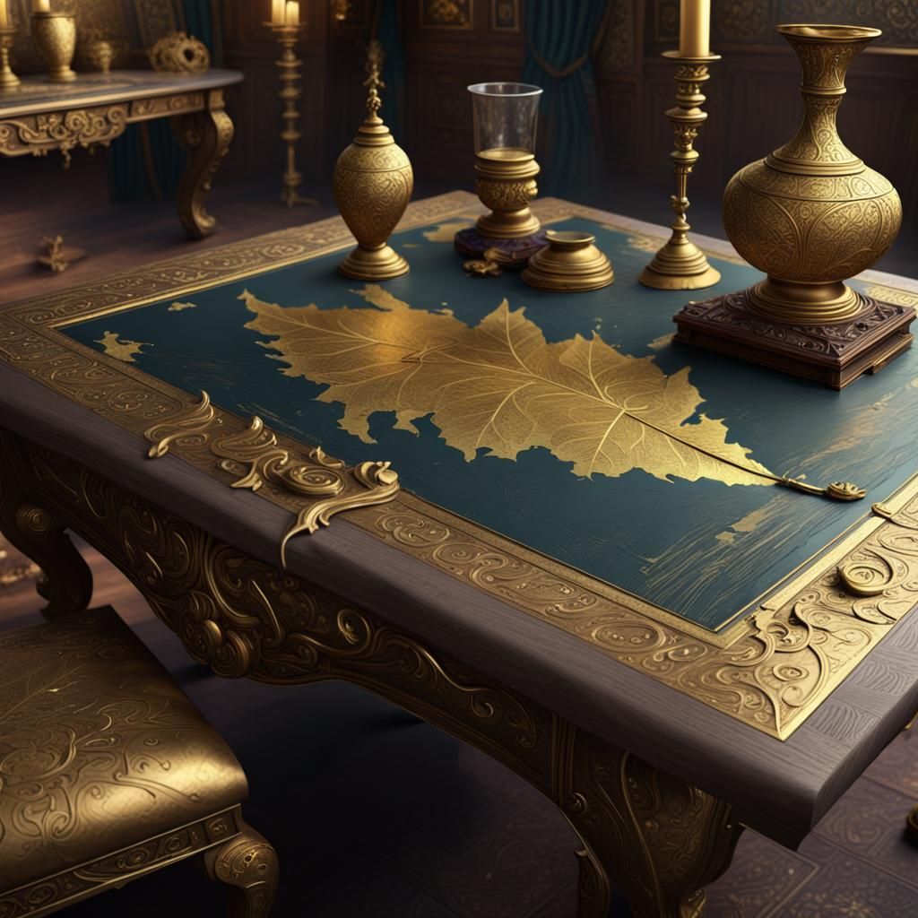 Golden Arabic Script on Table, Detailed Matte Painting
