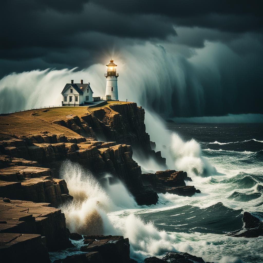Dramatic Lighthouse Against Crashing Waves: Cinematic Film S...