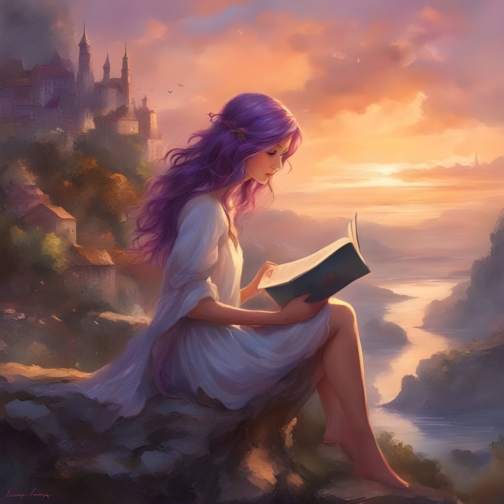 Purple Haired Girl Reading: Splash Art Portrait