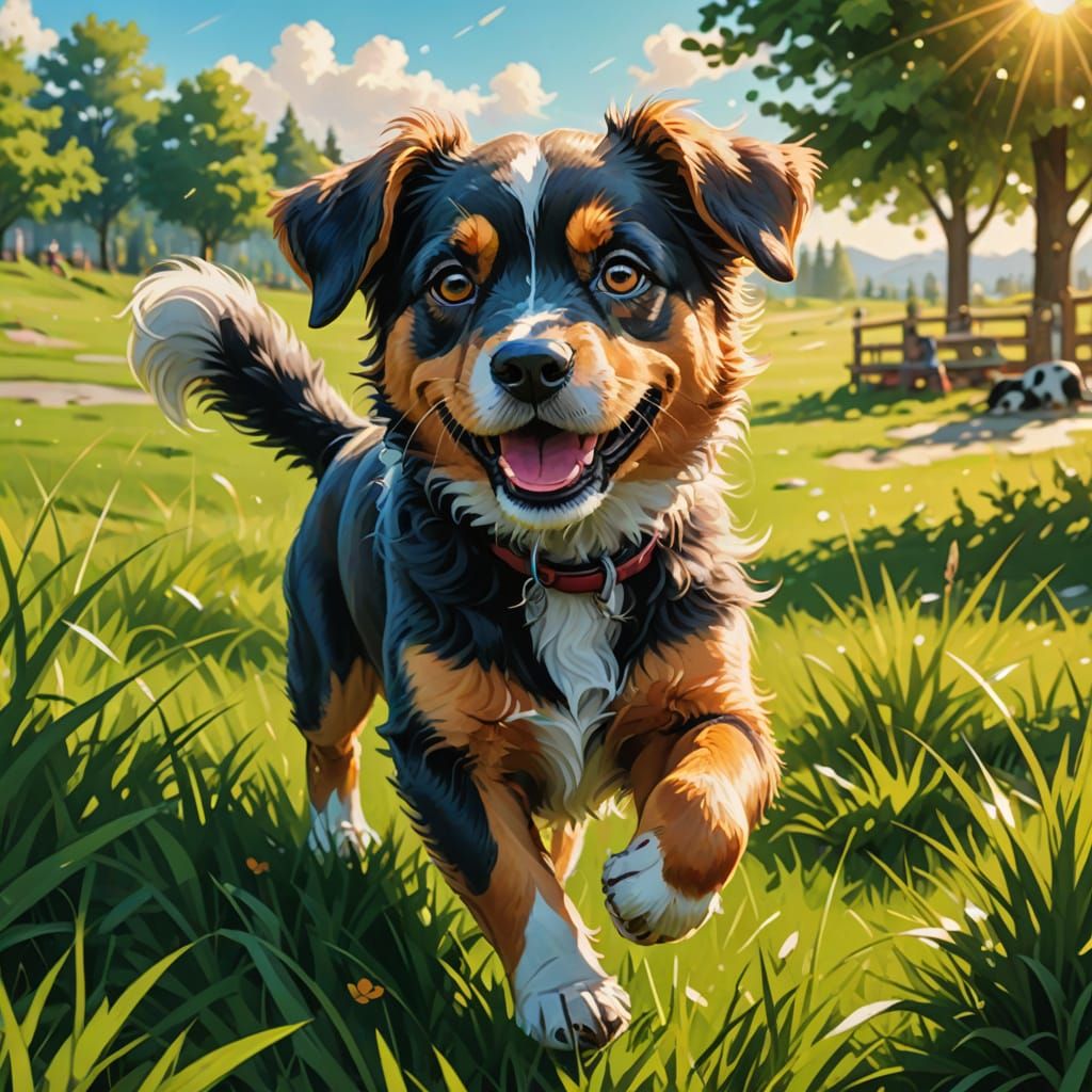 Vibrant Digital Painting of Dog Playing in Sunlight