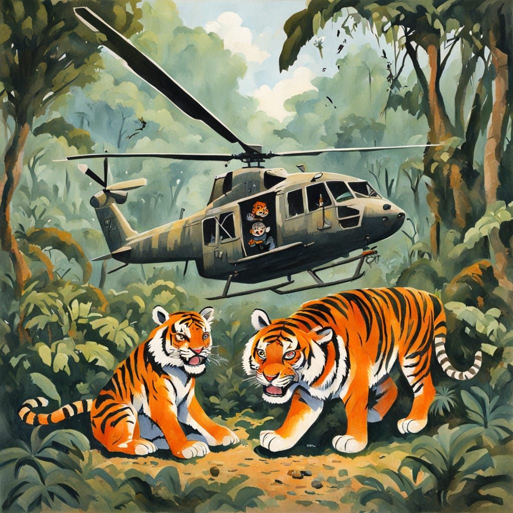 Vietnam Jungle Tigers in a Gouache Painting