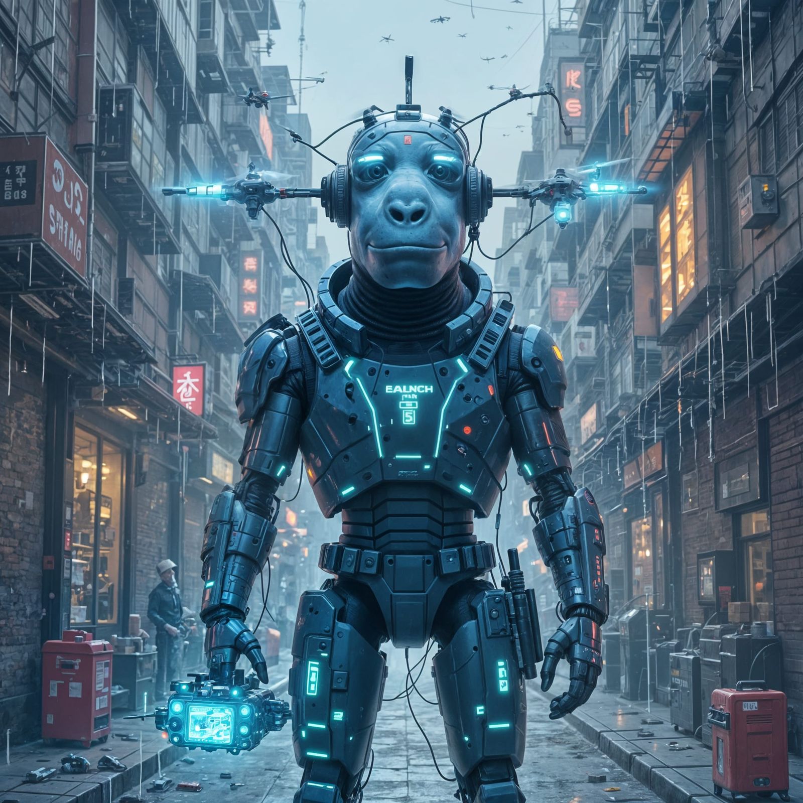 Cyberpunk Ape Controls Cleaning Drones in Grimy City