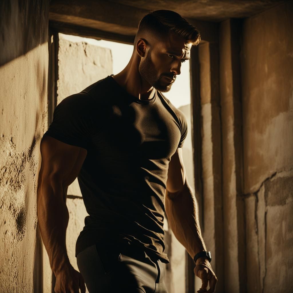 Cinematic Portrait of a Muscular Man in Concrete Room