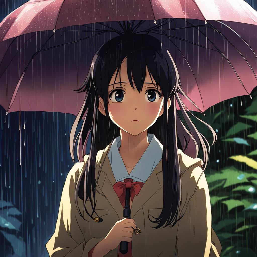 Anime Girl in Rain, Ghibli-esque Key Visual