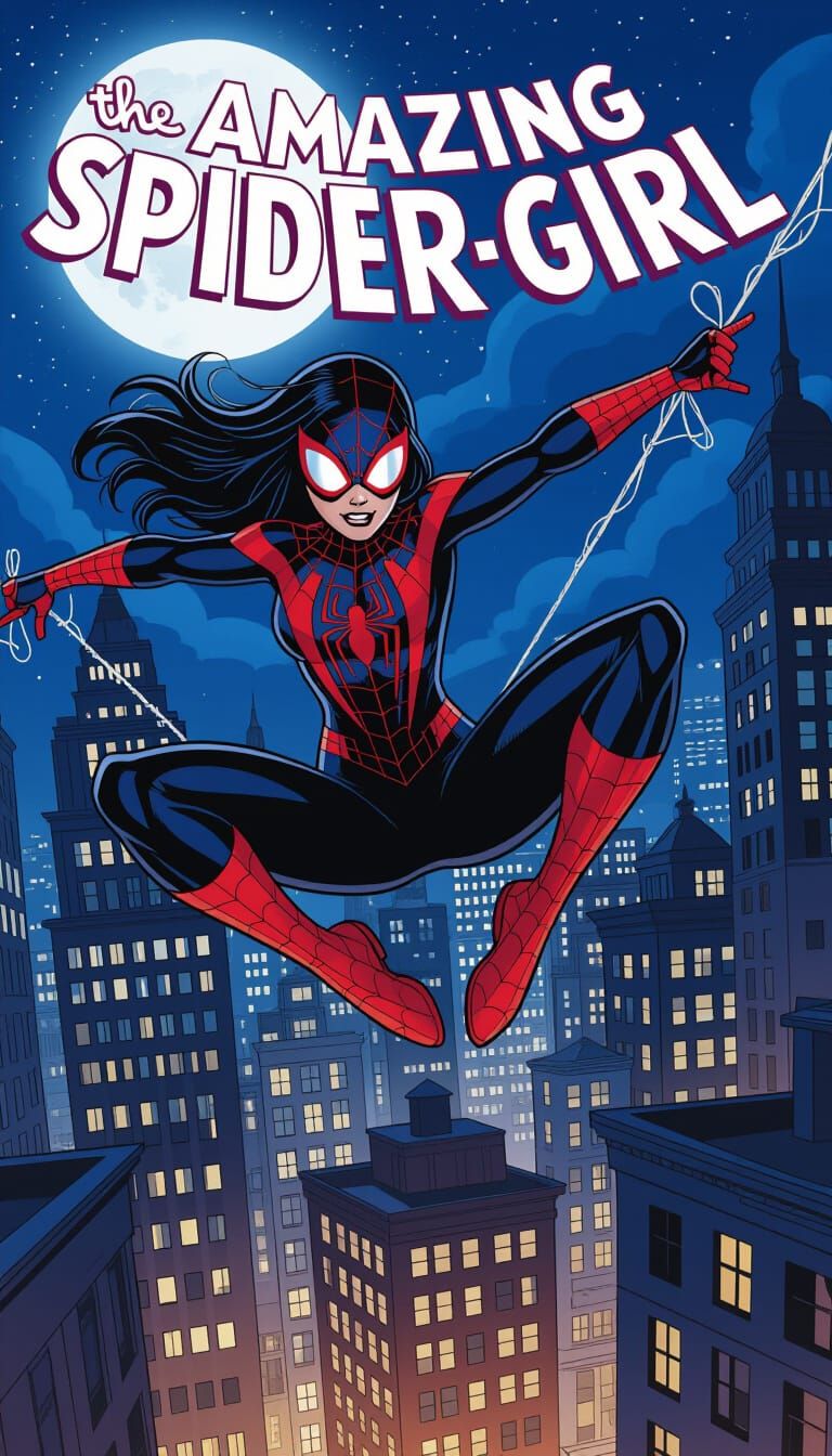 Spider-Girl Leaps Through Cityscape at Night