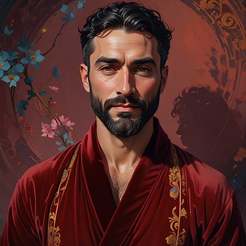 Vibrant Portrait of a Handsome Bearded Man in Red Velvet Rob...