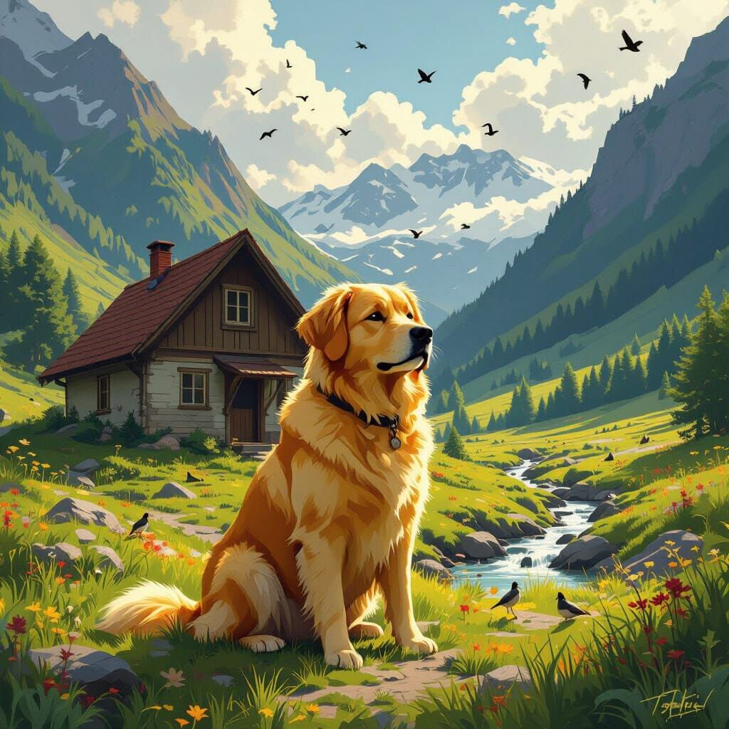 Dog in Lush Valley, Hyperrealistic Digital Art