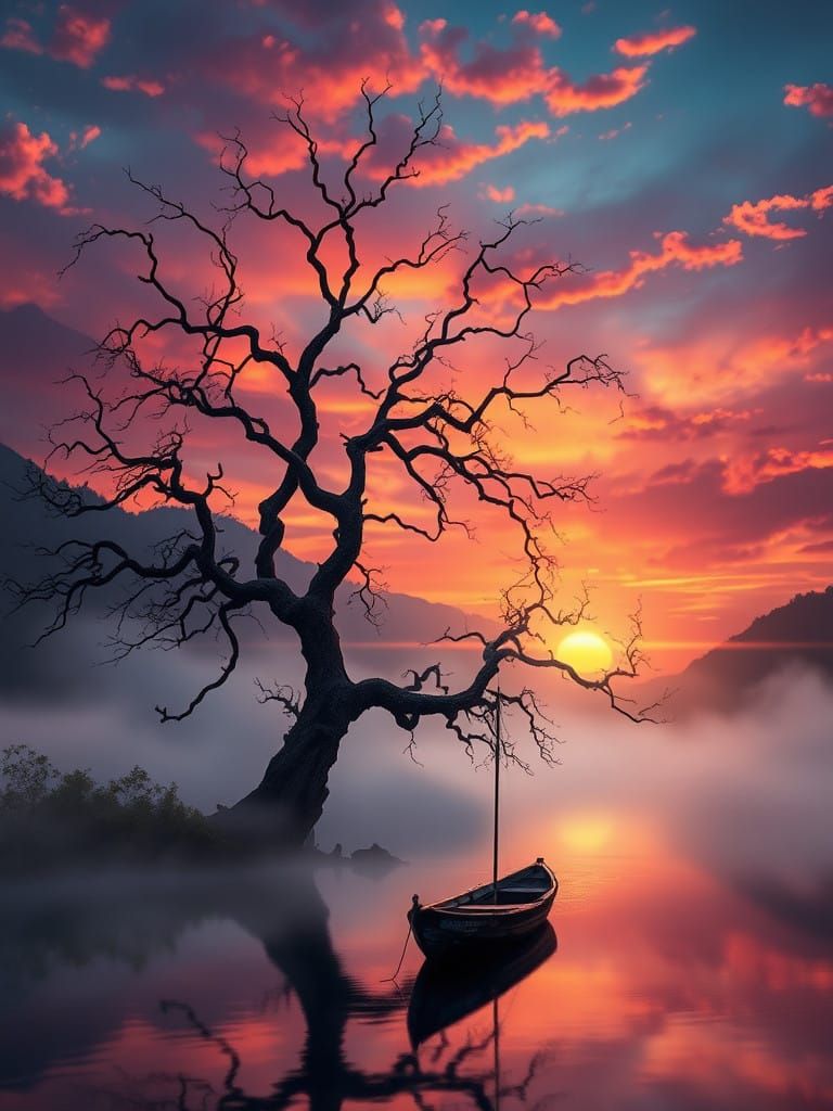 Surreal Sunset Rises from Mysterious Riverbank