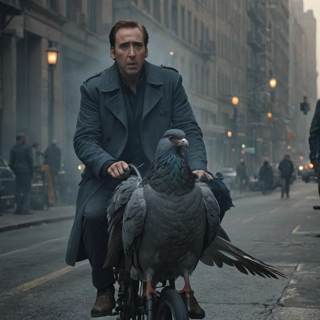 Nicolas Cage Rides a Giant Pigeon: Cinematic Still
