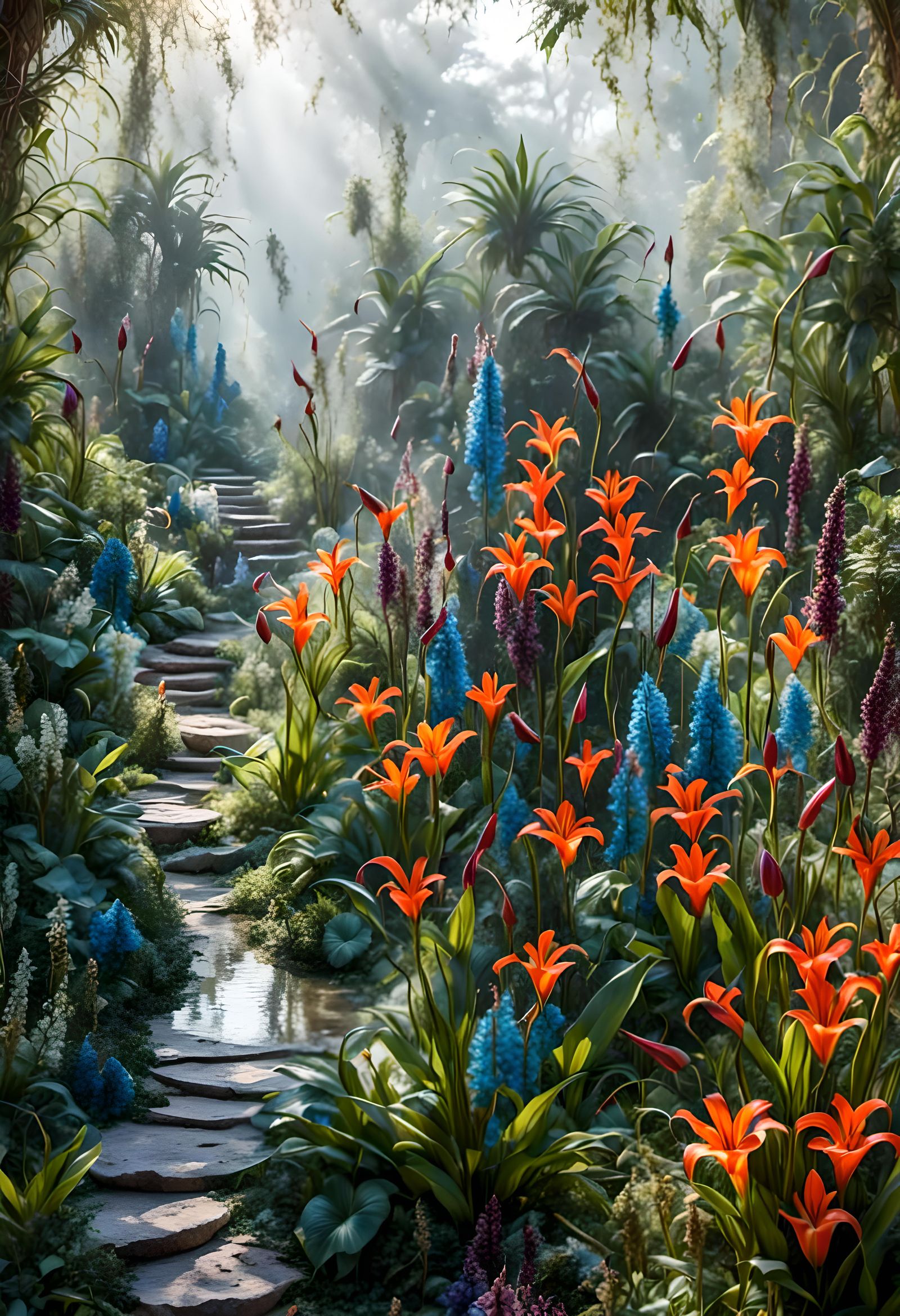 Botanical Garden with Birds of Paradise and Lilies