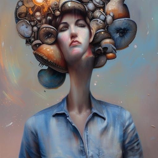Mushroom Head Lady in Kinetic Art Style
