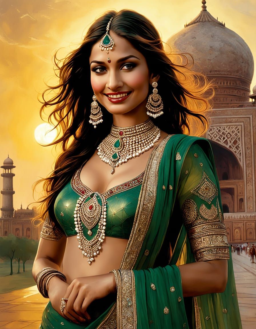 Beautiful Indian Princess in Traditional Attire Smiling at S...