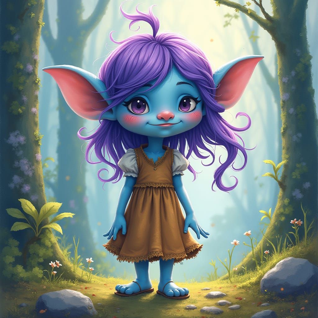 Whimsical Blue Troll in Surrealist Watercolor