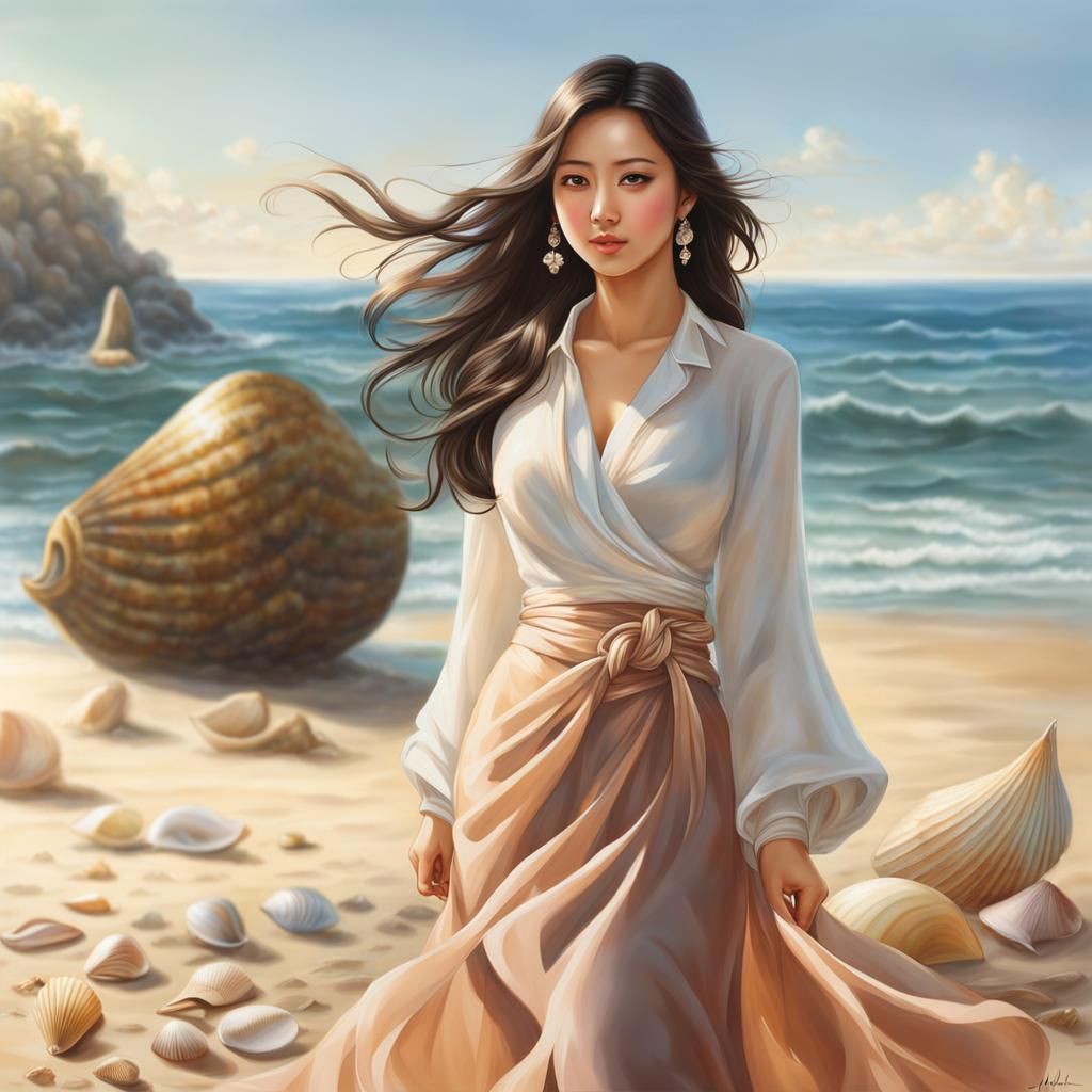Photorealistic Woman Walking on Sunny Shore in Orientalist S...