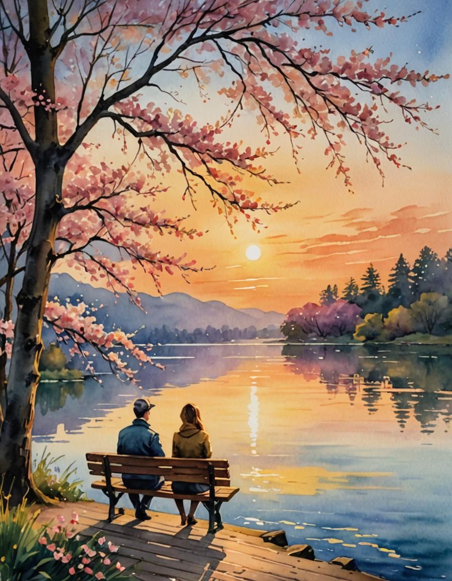 serene silhouette of a couple sitting closely on a wooden be...