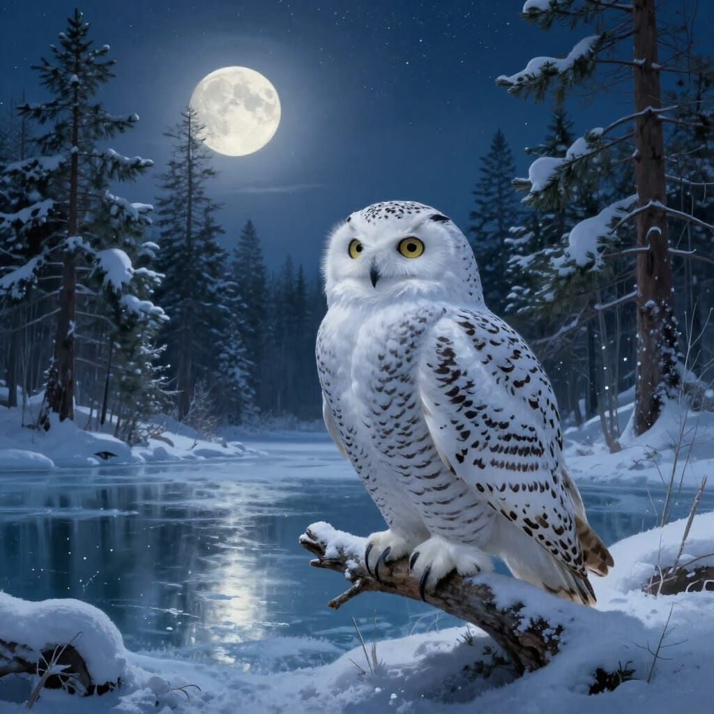 Majestic Snowy Owl in Ethereal Moonlight Forest
