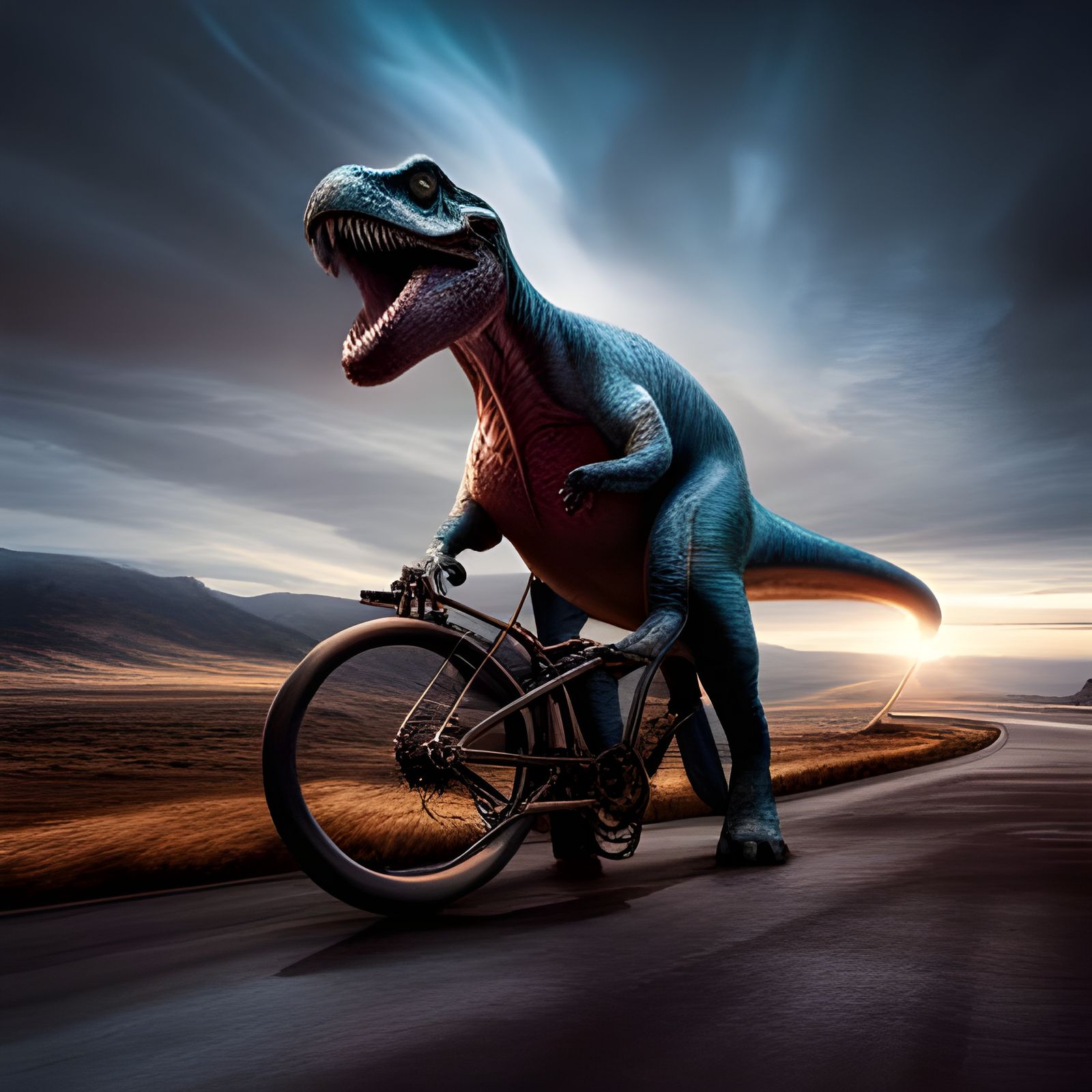 Hyperrealistic Dinosaur Rides Bike with Cinematic Lighting