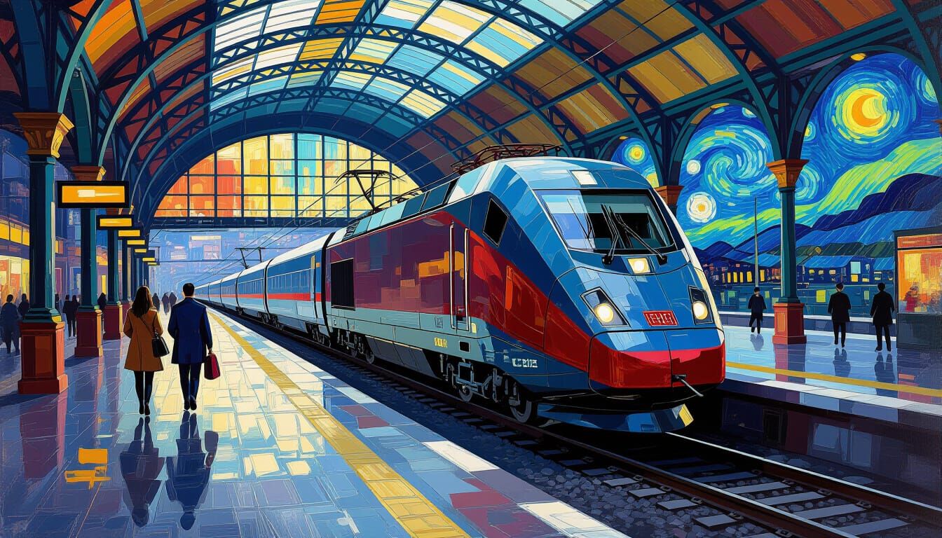 Dynamic TGV Train Station Scene in Impressionist Style