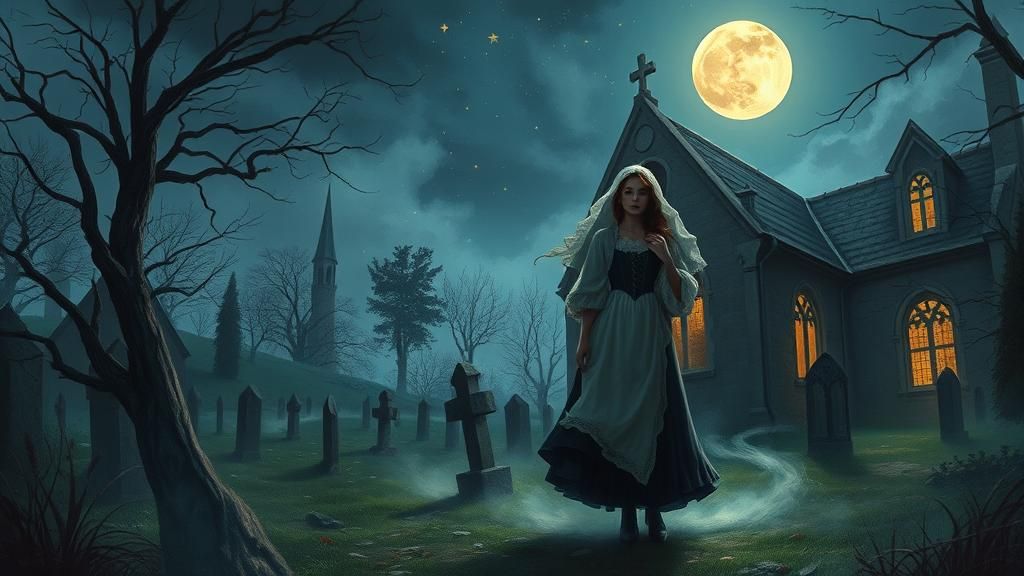 Victorian Governess in Moonlit Churchyard: Mystical Oil Pain...