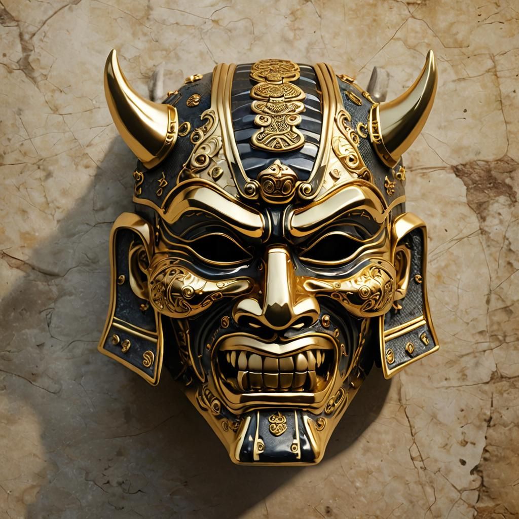 Golden Samurai Mask Infused in Stone