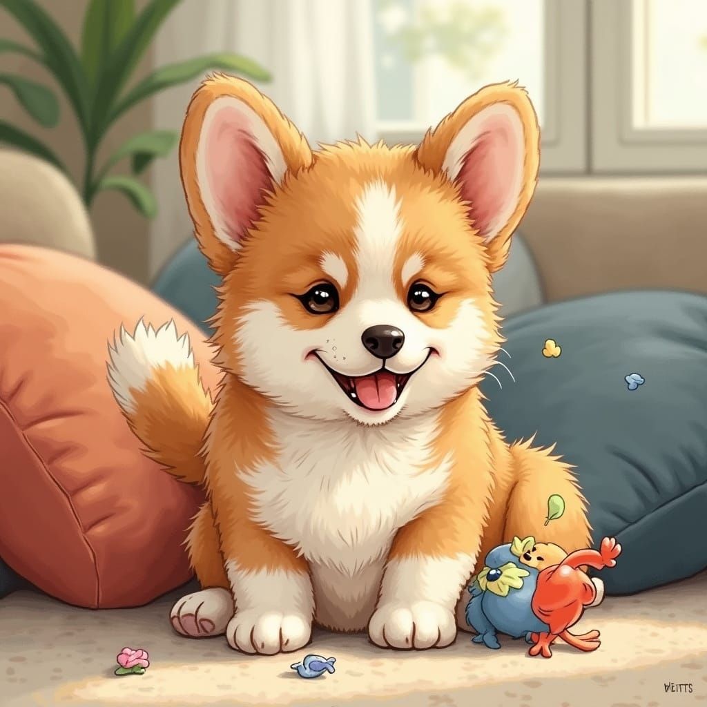 Whimsical Corgi Puppy Plays in Cozy Living Room