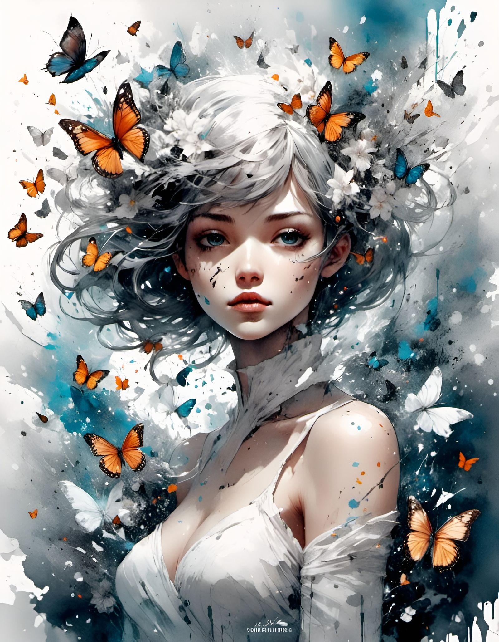 Surreal Girl Soaring with Butterflies in Dreamy Art