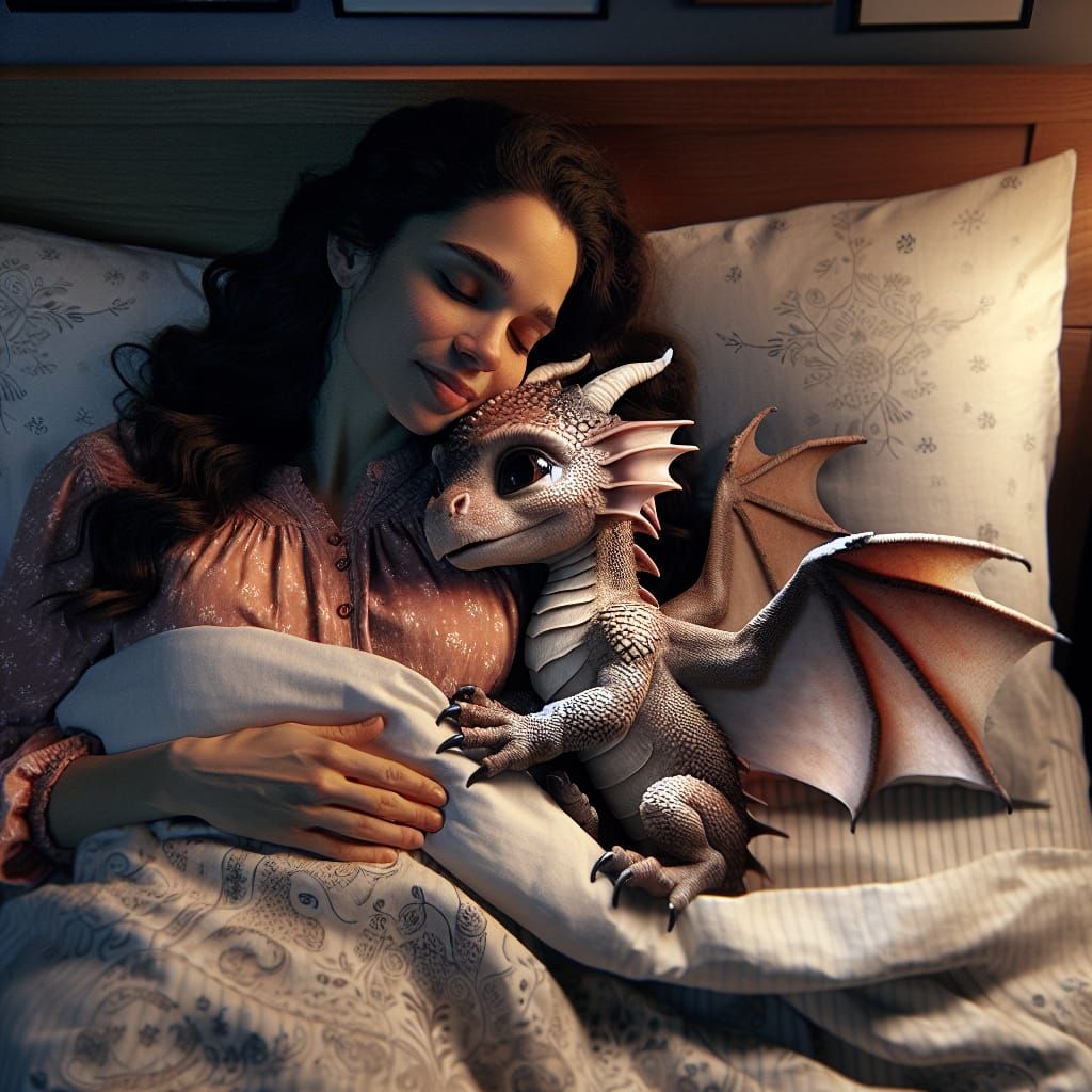 Dragon Pixie and Human Mother Snuggling in Bed